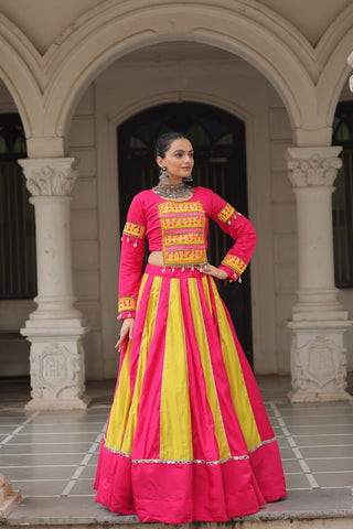 Pink & Yellow Roman Fabric Lehenga Choli with Mirror Lace & Gamthi Thread Work ClothsVilla