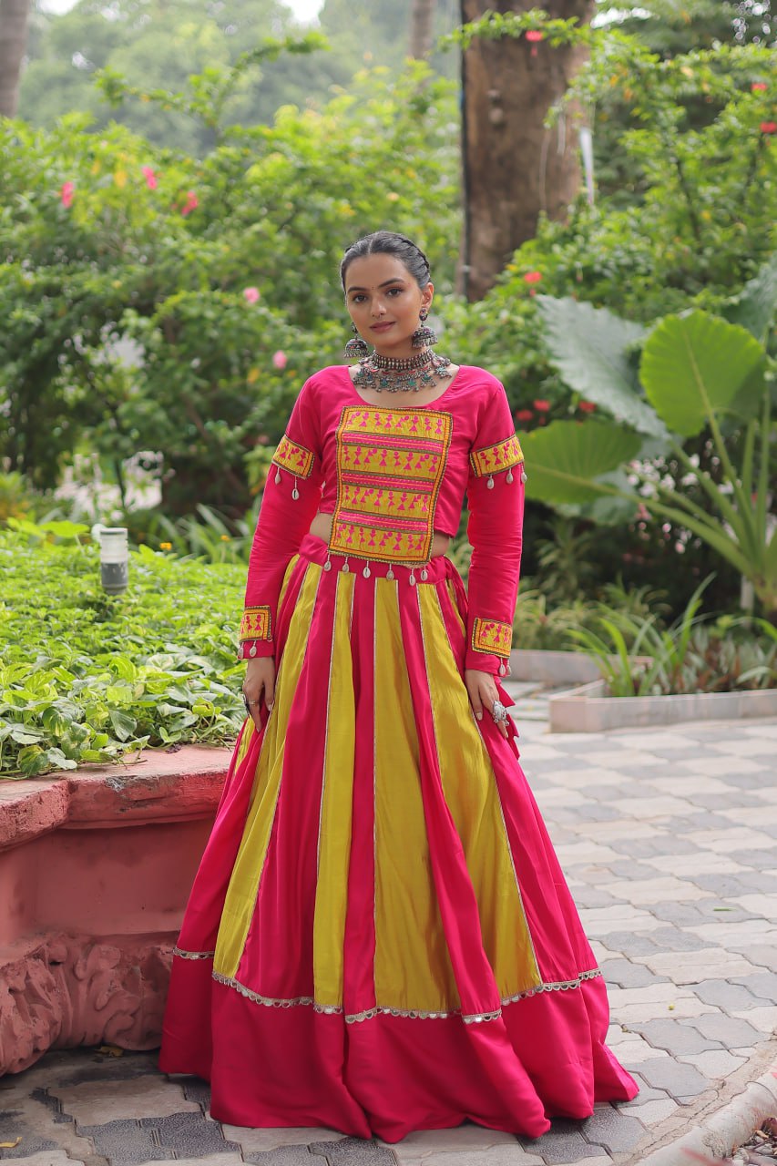 Pink & Yellow Roman Fabric Lehenga Choli with Mirror Lace & Gamthi Thread Work ClothsVilla
