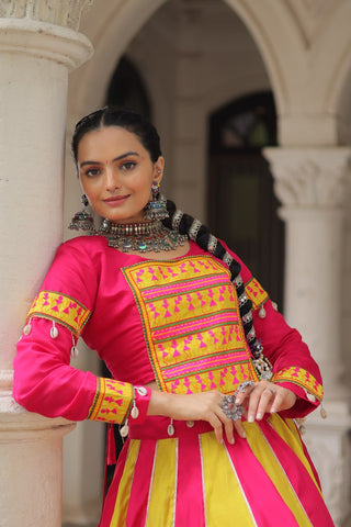 Pink & Yellow Roman Fabric Lehenga Choli with Mirror Lace & Gamthi Thread Work ClothsVilla