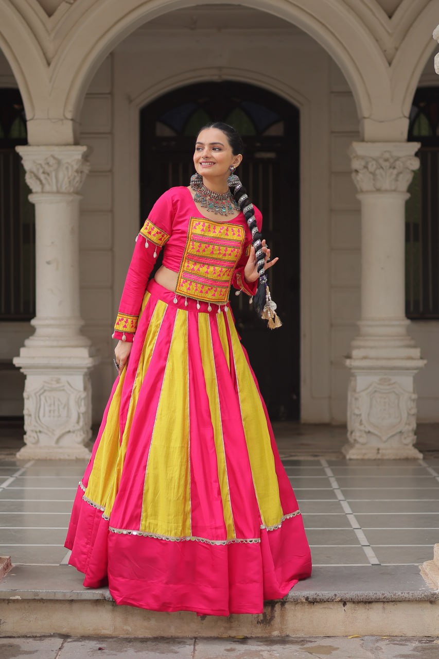 Pink & Yellow Roman Fabric Lehenga Choli with Mirror Lace & Gamthi Thread Work ClothsVilla