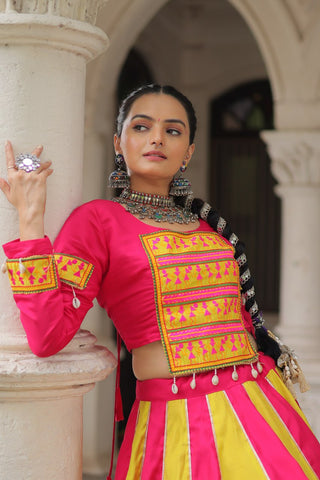 Pink & Yellow Roman Fabric Lehenga Choli with Mirror Lace & Gamthi Thread Work ClothsVilla