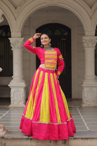 Pink & Yellow Roman Fabric Lehenga Choli with Mirror Lace & Gamthi Thread Work ClothsVilla