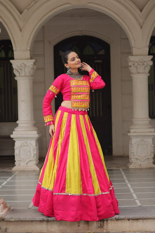 Pink & Yellow Roman Fabric Lehenga Choli with Mirror Lace & Gamthi Thread Work ClothsVilla