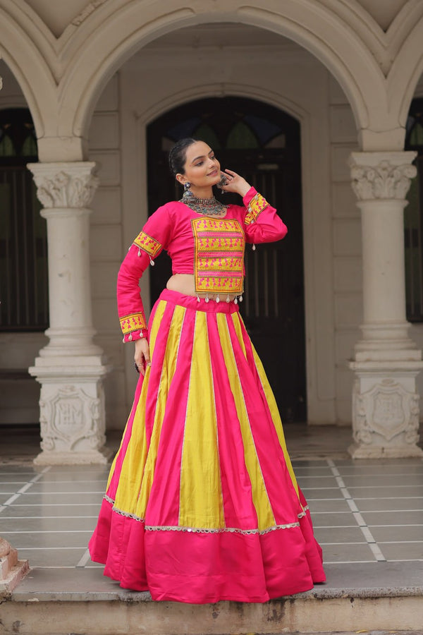 Pink & Yellow Roman Fabric Lehenga Choli with Mirror Lace & Gamthi Thread Work ClothsVilla