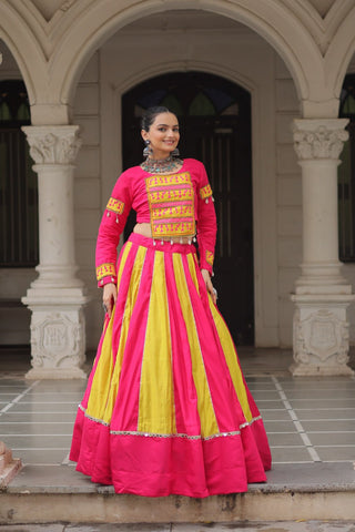 Pink & Yellow Roman Fabric Lehenga Choli with Mirror Lace & Gamthi Thread Work ClothsVilla