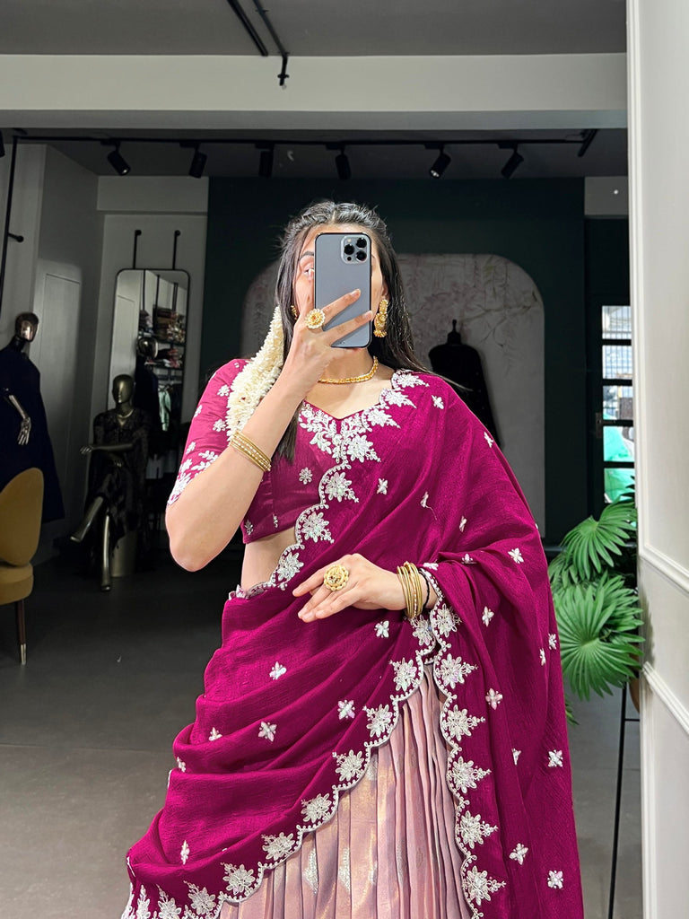 Pink Zari Kota Embroidered Lehenga Set with Vichitra Silk Dupatta – Sequins & Thread Work, Unstitched Blouse Clothsvilla