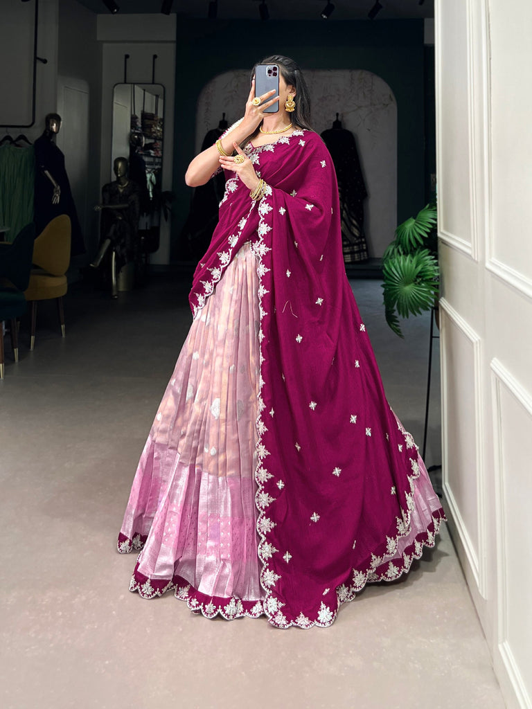Pink Zari Kota Embroidered Lehenga Set with Vichitra Silk Dupatta – Sequins & Thread Work, Unstitched Blouse Clothsvilla