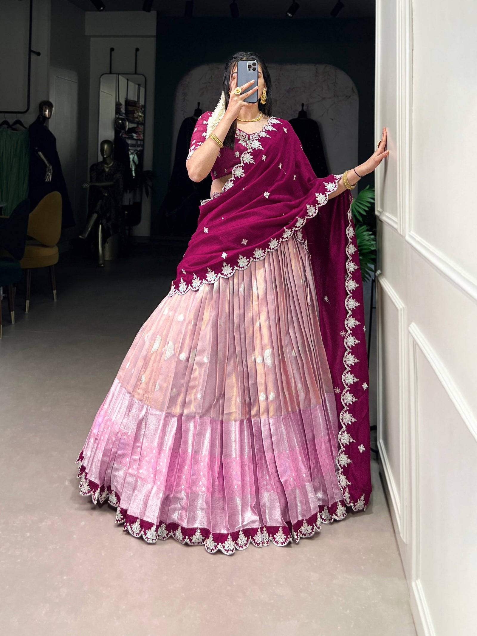 Pink Zari Kota Embroidered Lehenga Set with Vichitra Silk Dupatta – Sequins & Thread Work, Unstitched Blouse Clothsvilla