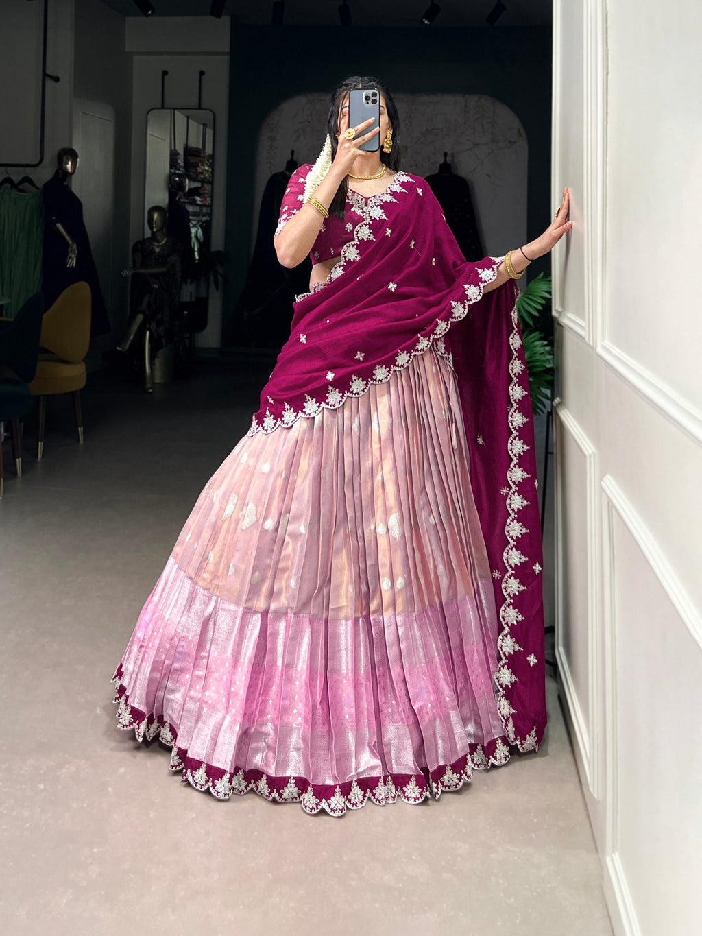 Pink Zari Kota Embroidered Lehenga Set with Vichitra Silk Dupatta – Sequins & Thread Work, Unstitched Blouse Clothsvilla