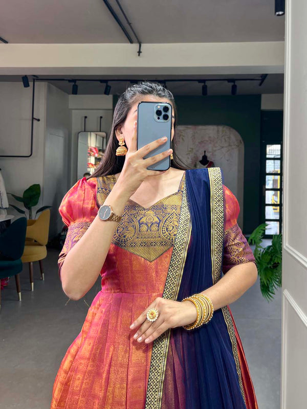 Regal Pink Zari Woven Kanjivaram Gown with Net Dupatta ClothsVilla