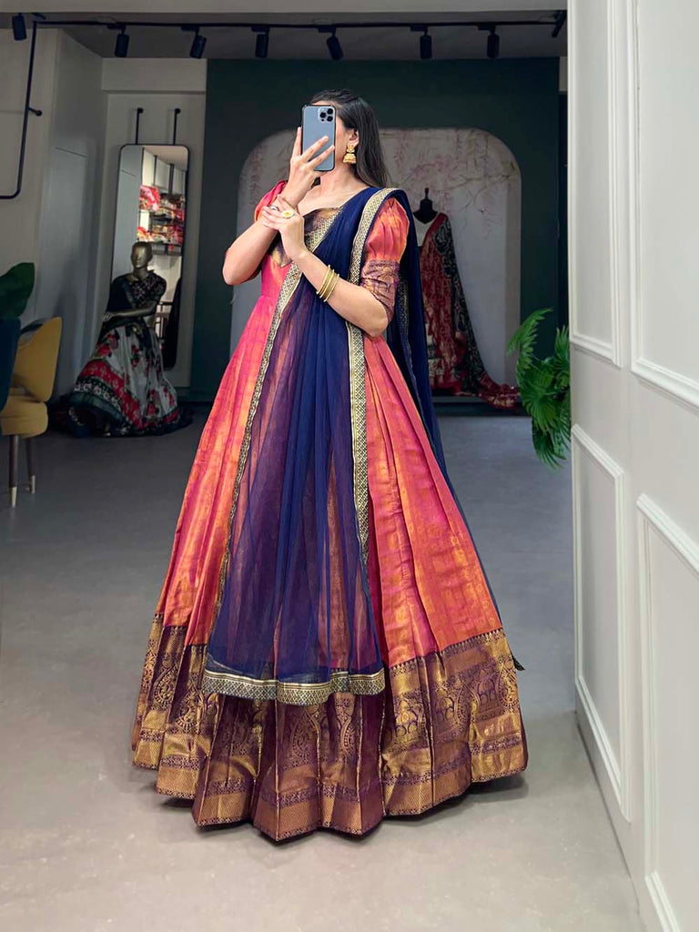 Regal Pink Zari Woven Kanjivaram Gown with Net Dupatta ClothsVilla