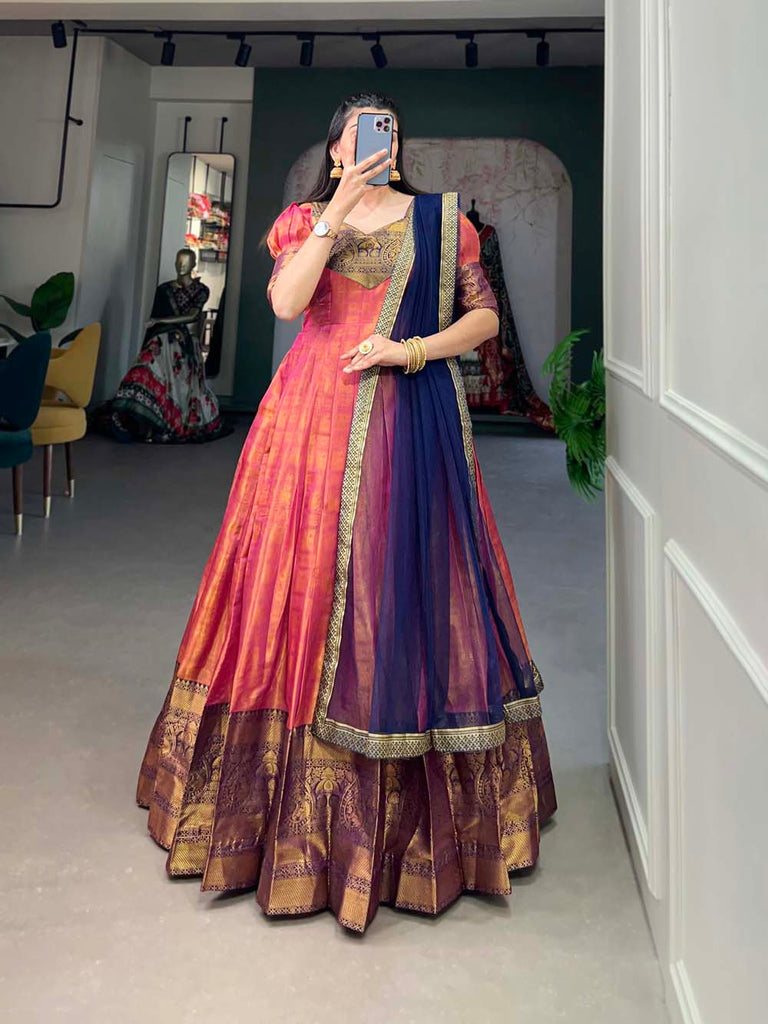 Regal Pink Zari Woven Kanjivaram Gown with Net Dupatta ClothsVilla