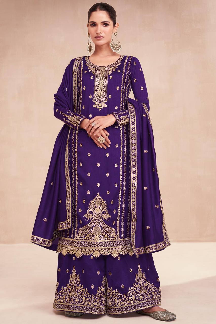 Pinkish Purple Vichitra Silk Embroidered Lehenga Suit Set ClothsVilla