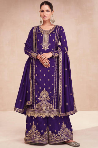 Pinkish Purple Vichitra Silk Embroidered Lehenga Suit Set ClothsVilla