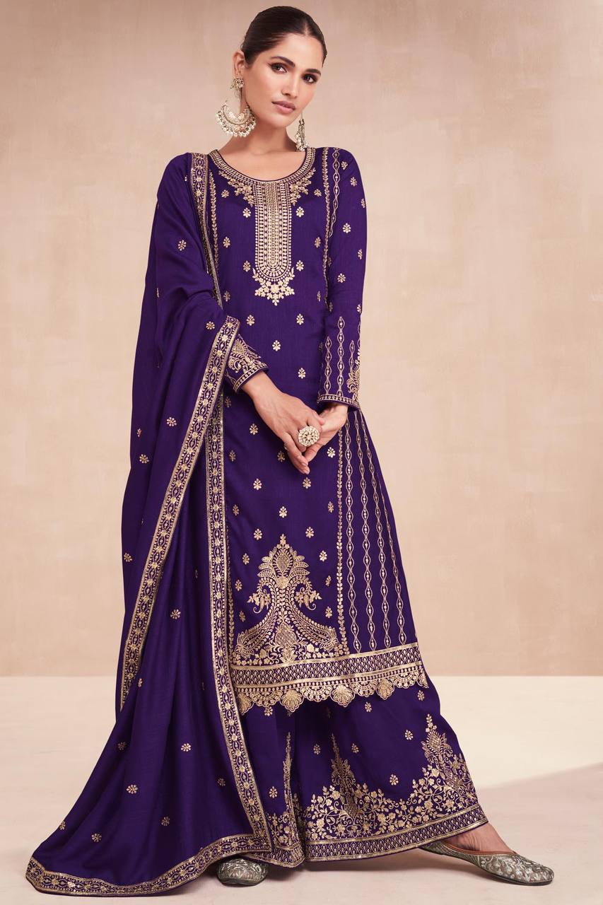 Pinkish Purple Vichitra Silk Embroidered Lehenga Suit Set Secondary image