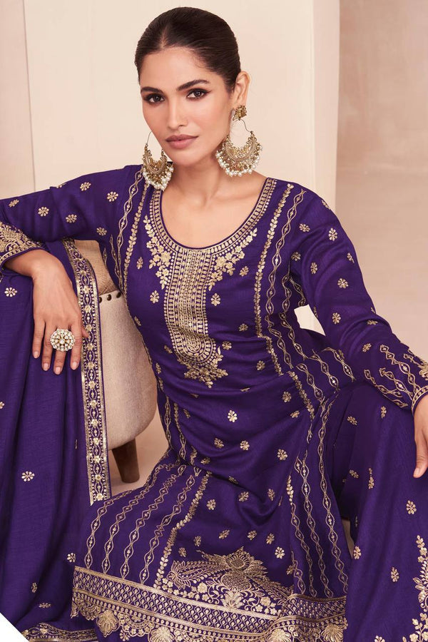 Pinkish Purple Vichitra Silk Embroidered Lehenga Suit Set ClothsVilla