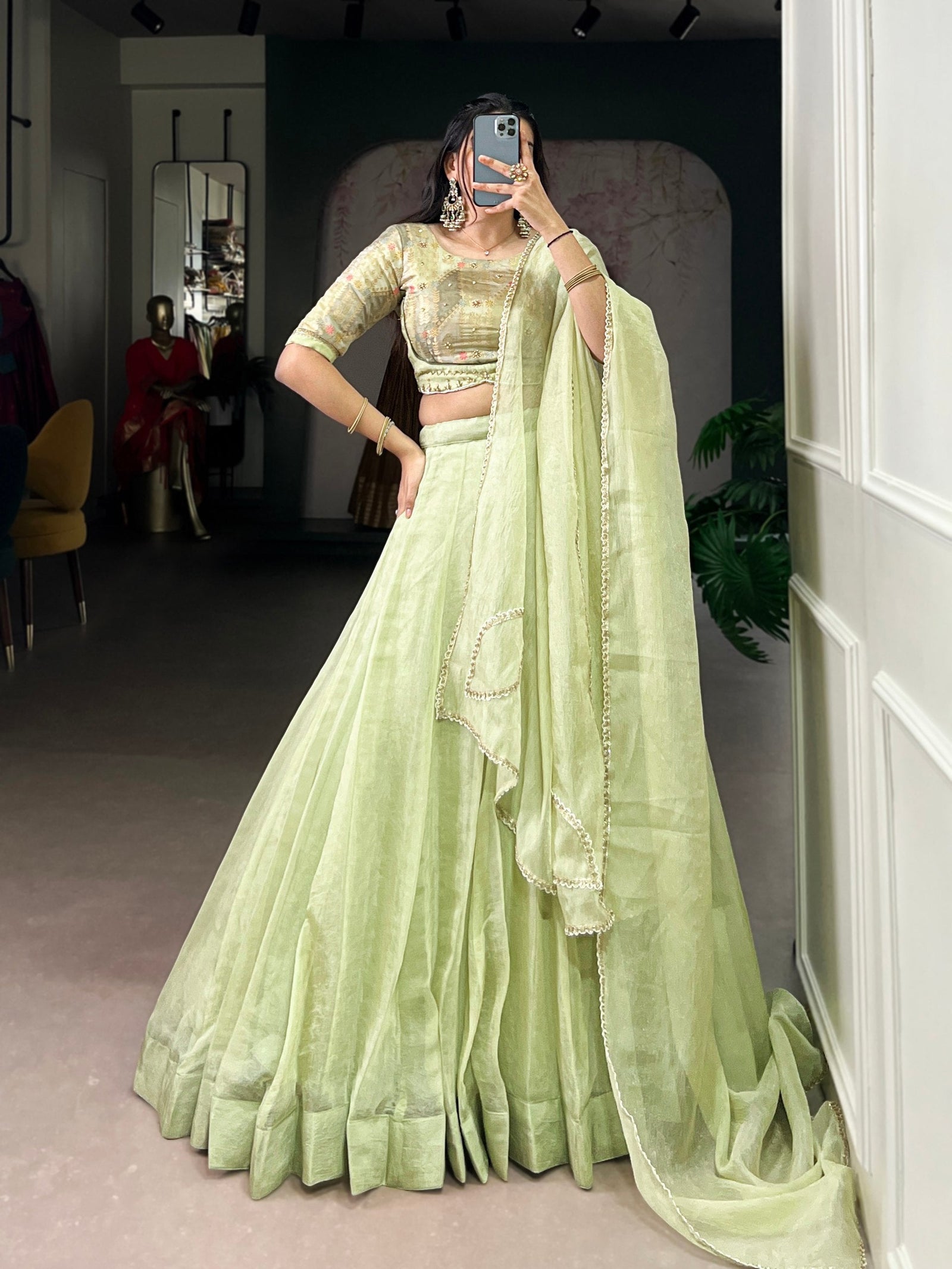 Pista Allen Crush Stitched Lehenga Choli Set with Sequins & Beads Work Blouse and Designer Lace Dupatta – Ready to Wear ClothsVilla