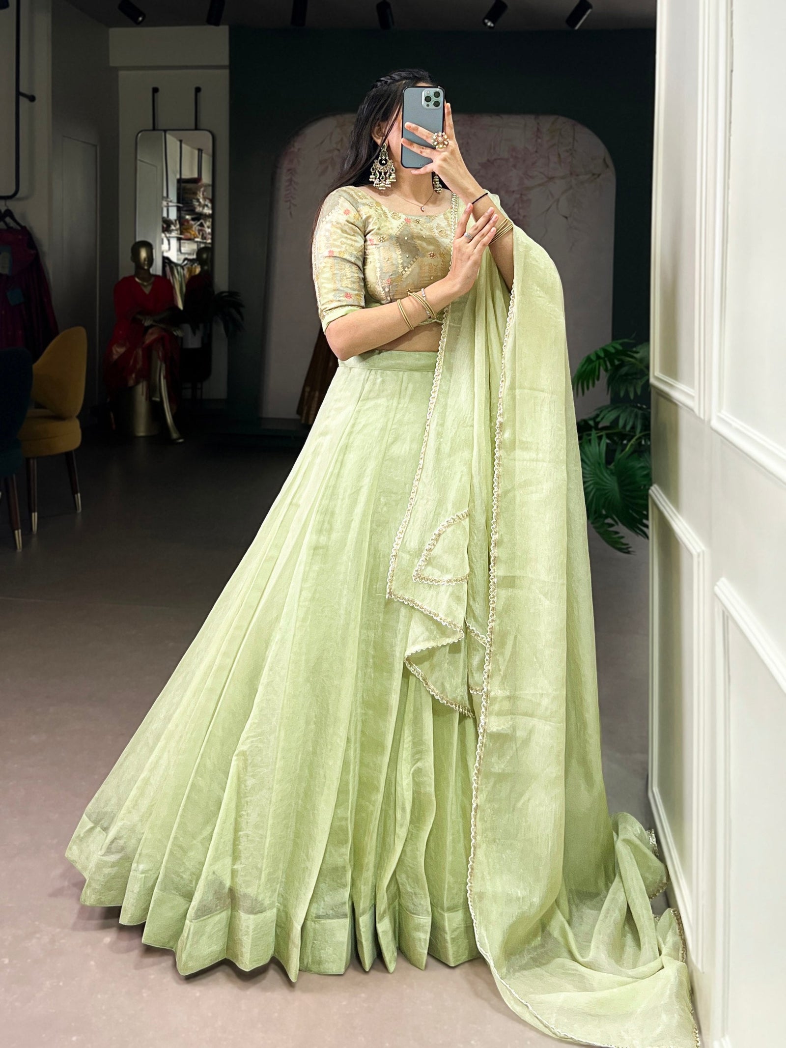 Pista Allen Crush Stitched Lehenga Choli Set with Sequins & Beads Work Blouse and Designer Lace Dupatta – Ready to Wear ClothsVilla