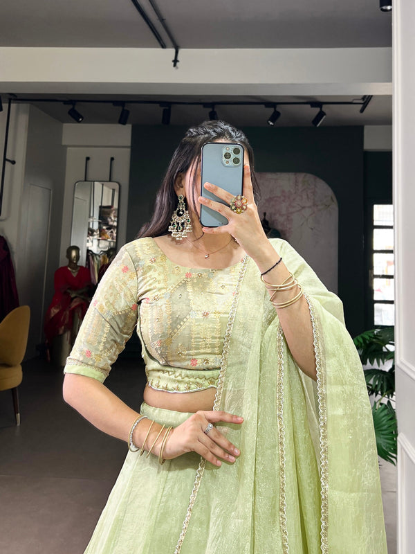 Pista Allen Crush Stitched Lehenga Choli Set with Sequins & Beads Work Blouse and Designer Lace Dupatta – Ready to Wear ClothsVilla