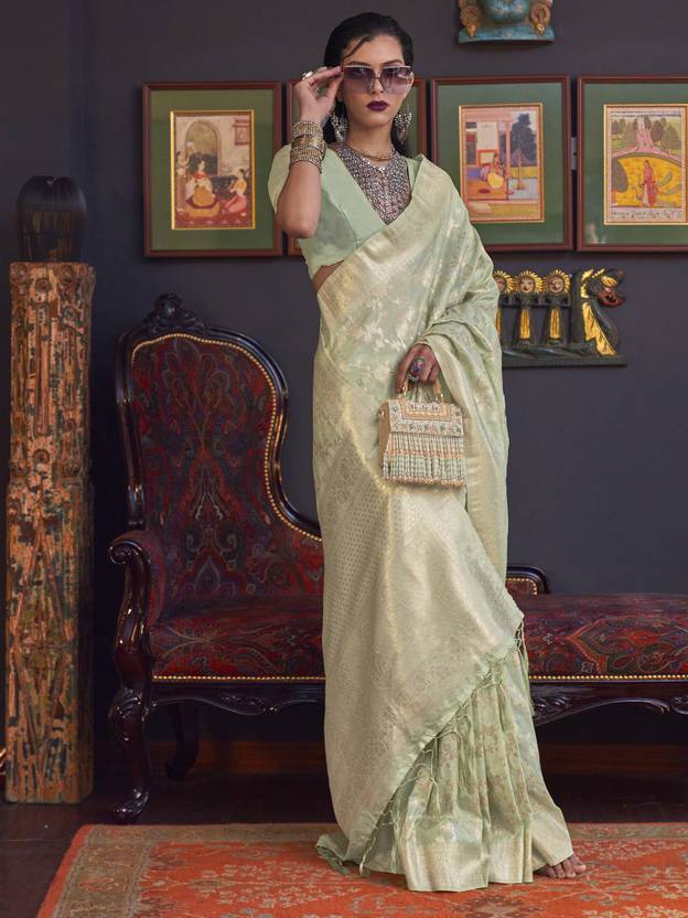 Pista Banarasi Silk Blend Saree with Bidri Work & Zari Buta – Gold Accents & Tassel Detailing ClothsVilla