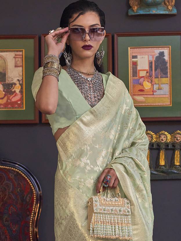 Pista Banarasi Silk Blend Saree with Bidri Work & Zari Buta – Gold Accents & Tassel Detailing ClothsVilla