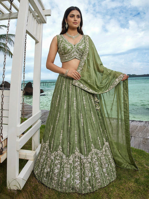 Pista Chiffon Sequin & Zari Thread Embroidered Lehenga Choli Set Clothsvilla Main image