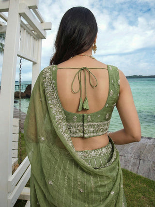 Pista Chiffon Sequin & Zari Thread Embroidered Lehenga Choli Set Clothsvilla