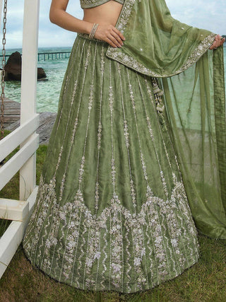 Pista Chiffon Sequin & Zari Thread Embroidered Lehenga Choli Set Clothsvilla