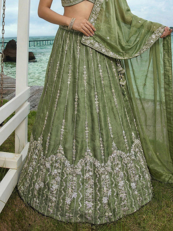 Pista Chiffon Sequin & Zari Thread Embroidered Lehenga Choli Set Clothsvilla