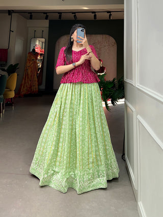 Pista Color Lucknowi Thread Work Georgette Lehenga With Foil And Printed Choli Clothsvilla
