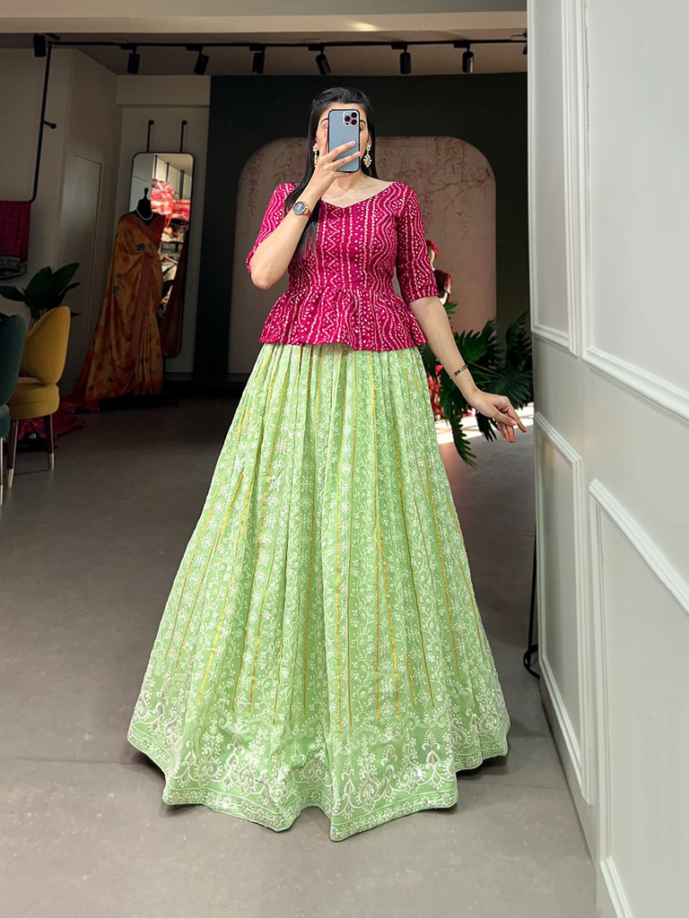 Pista Color Lucknowi Thread Work Georgette Lehenga With Foil And Printed Choli Clothsvilla