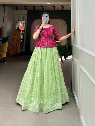Pista Color Lucknowi Thread Work Georgette Lehenga With Foil And Printed Choli Clothsvilla