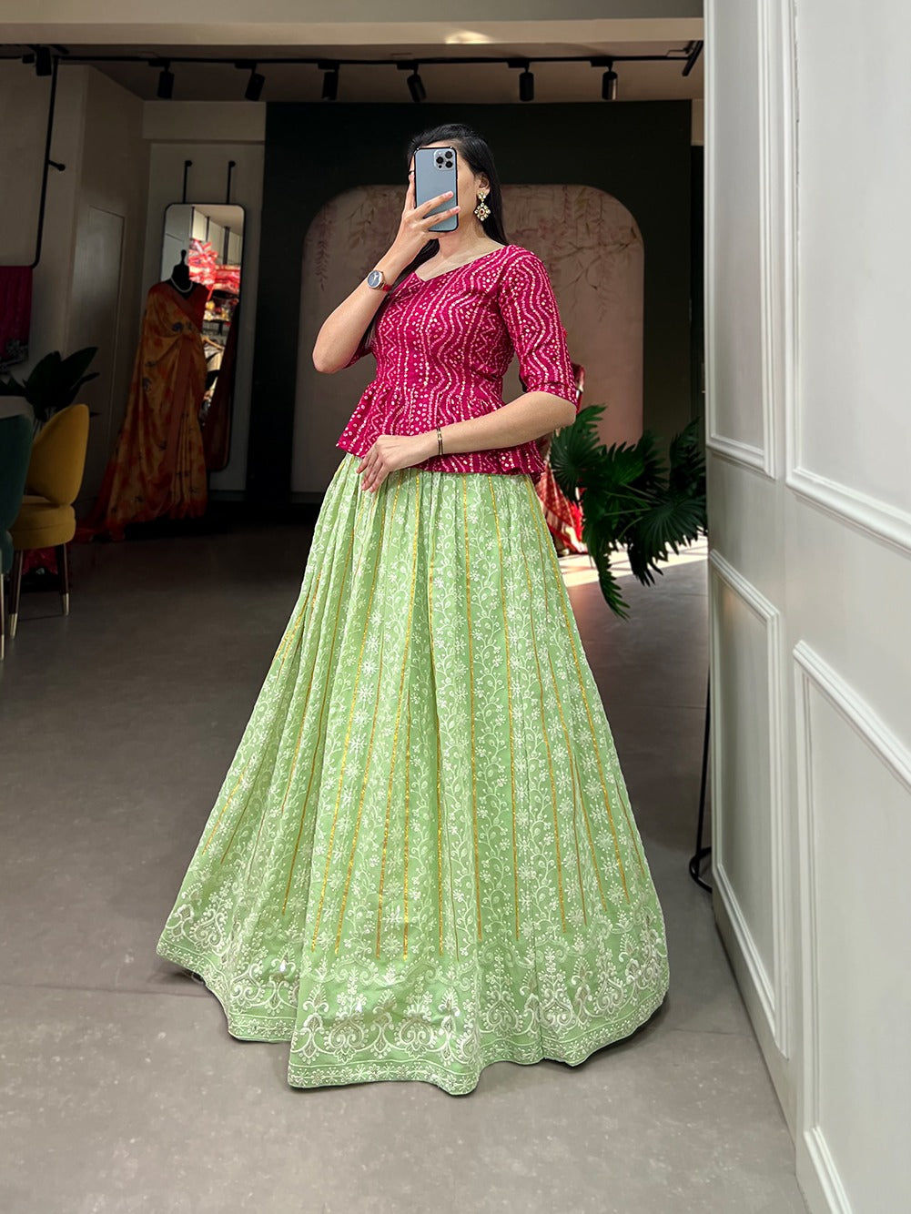 Pista Color Lucknowi Thread Work Georgette Lehenga With Foil And Printed Choli Clothsvilla