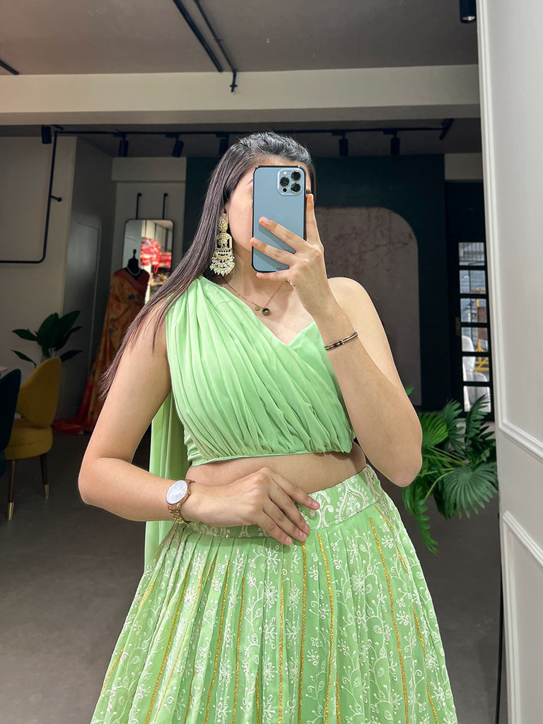 Pista Color Lucknowi Thread Work Georgette Party Wear Lehenga Choli Set Clothsvilla