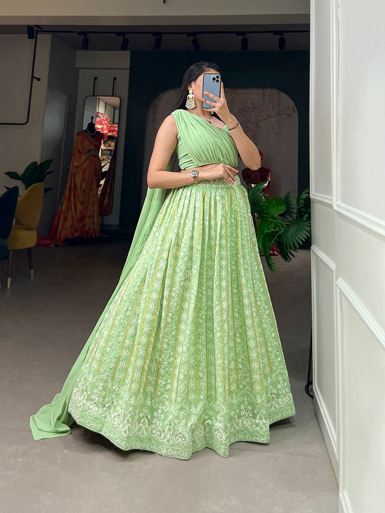 Pista Color Lucknowi Thread Work Georgette Party Wear Lehenga Choli Set Clothsvilla