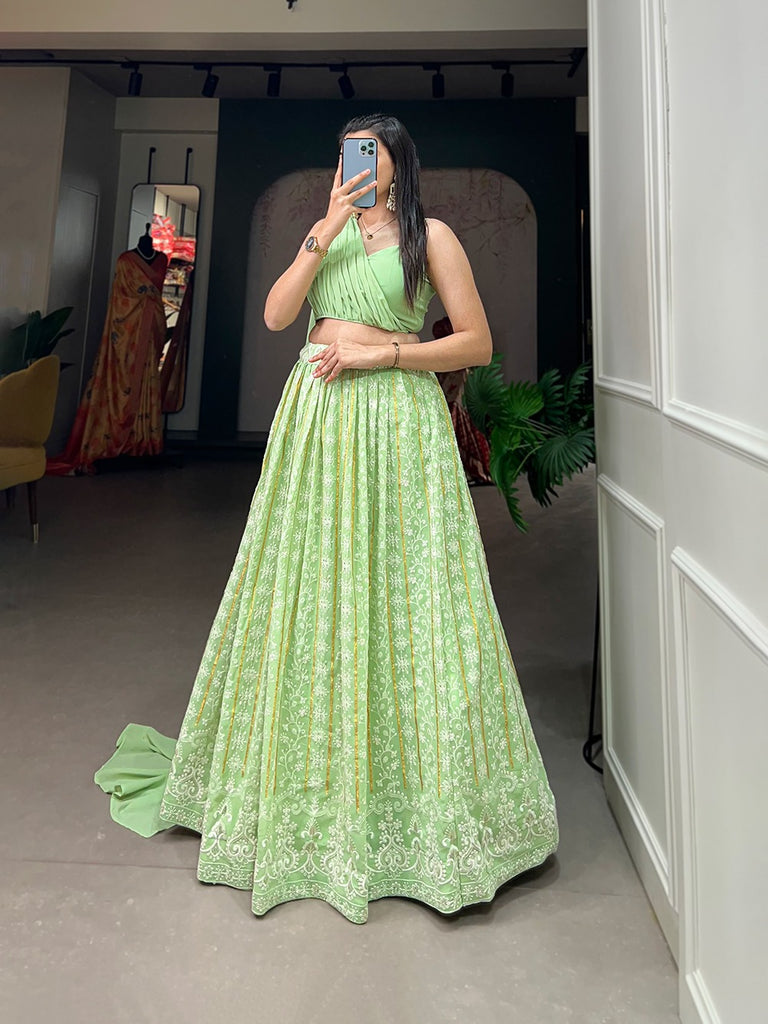 Pista Color Lucknowi Thread Work Georgette Party Wear Lehenga Choli Set Clothsvilla