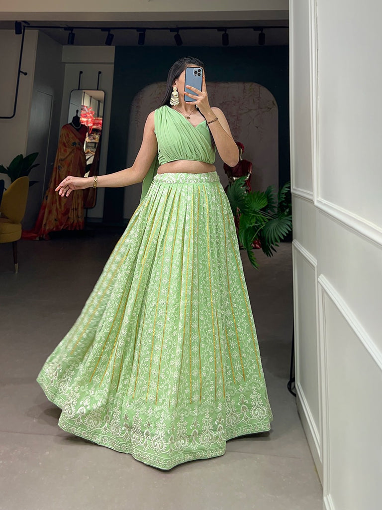 Pista Color Lucknowi Thread Work Georgette Party Wear Lehenga Choli Set Clothsvilla