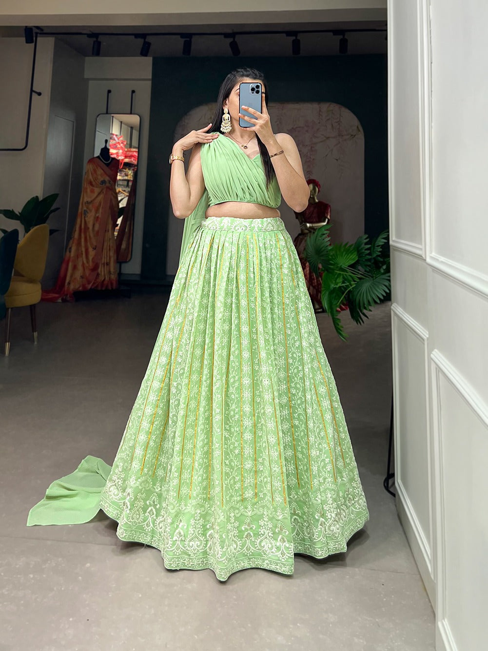 Pista Color Lucknowi Thread Work Georgette Party Wear Lehenga Choli Set Clothsvilla