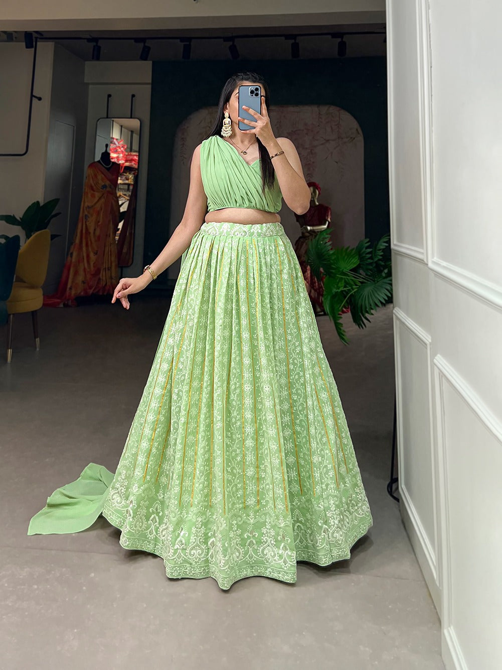 Pista Color Lucknowi Thread Work Georgette Party Wear Lehenga Choli Set Clothsvilla Main image