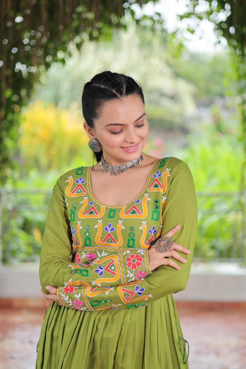 Pista Colour Navratri Special Rayon Kurti with Kutchi Gamthi Work – Adjustable Fit & Full Sleeves ClothsVilla