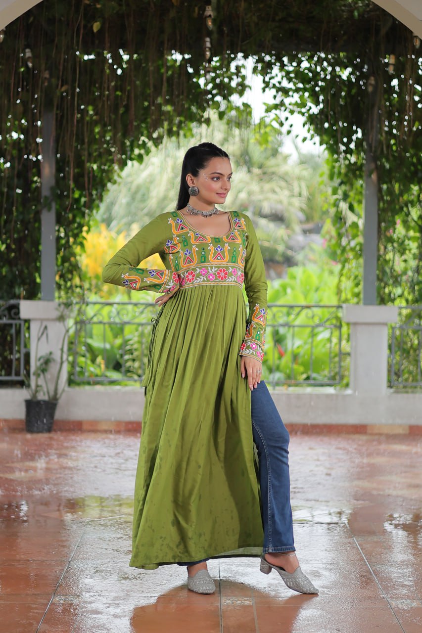 Pista Colour Navratri Special Rayon Kurti with Kutchi Gamthi Work – Adjustable Fit & Full Sleeves ClothsVilla