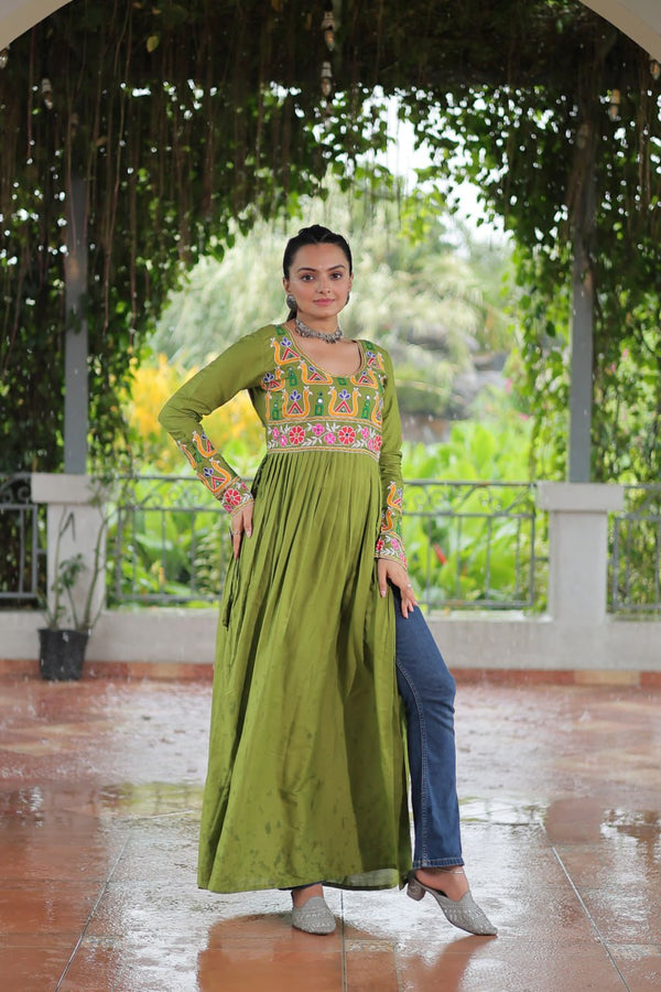 Pista Colour Navratri Special Rayon Kurti with Kutchi Gamthi Work – Adjustable Fit & Full Sleeves ClothsVilla