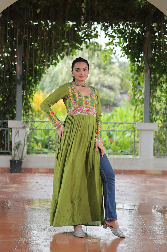 Pista Colour Navratri Special Rayon Kurti with Kutchi Gamthi Work – Adjustable Fit & Full Sleeves ClothsVilla