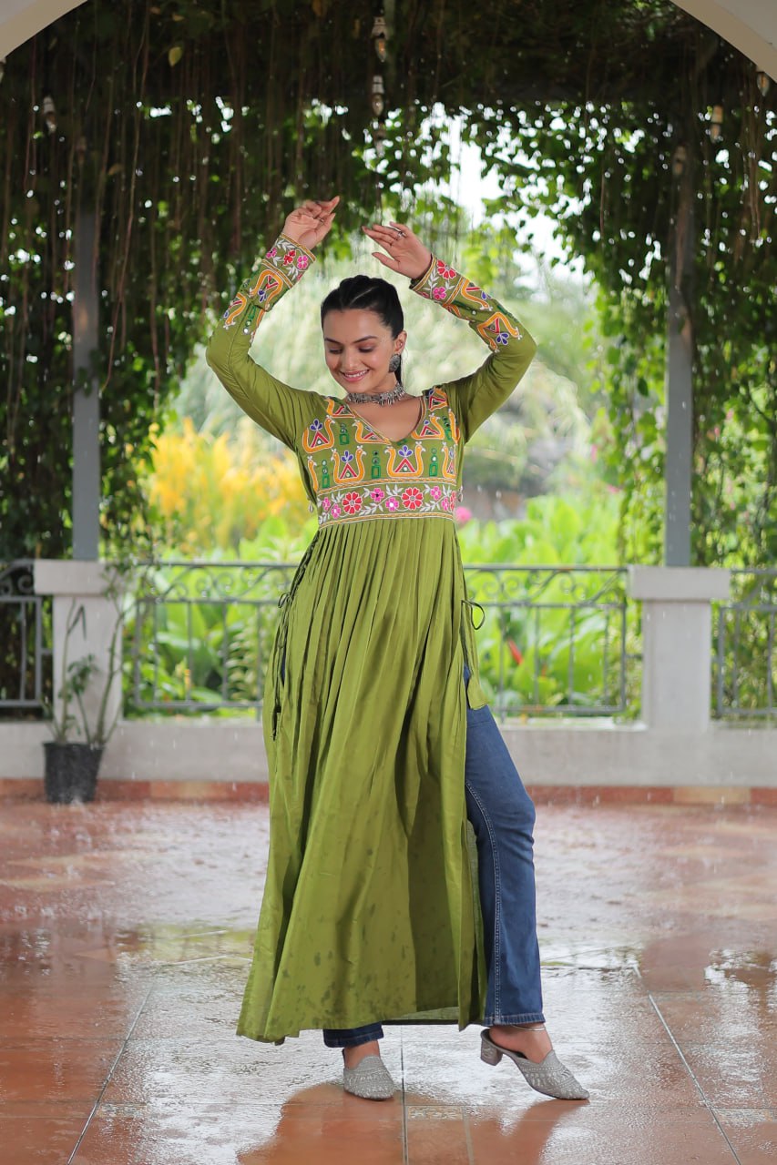 Pista Colour Navratri Special Rayon Kurti with Kutchi Gamthi Work – Adjustable Fit & Full Sleeves ClothsVilla