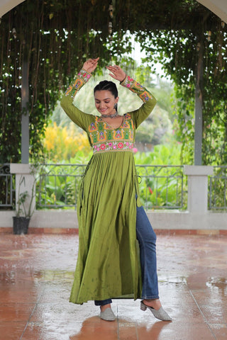 Pista Colour Navratri Special Rayon Kurti with Kutchi Gamthi Work – Adjustable Fit & Full Sleeves ClothsVilla