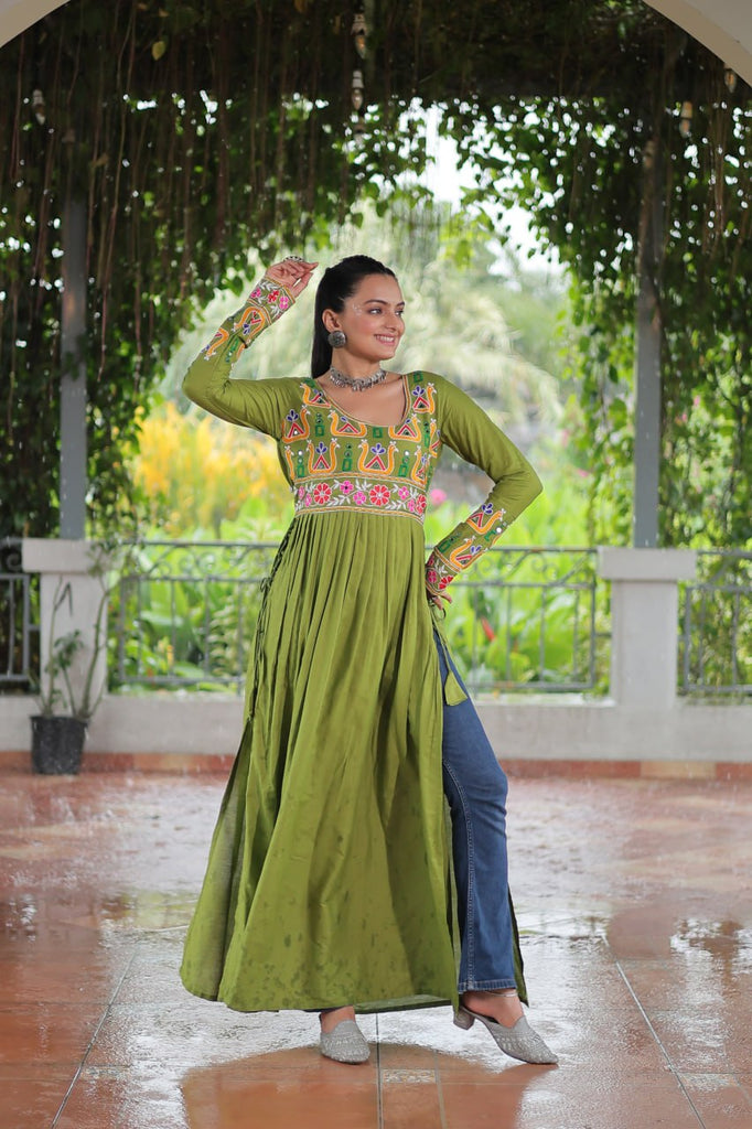 Pista Colour Navratri Special Rayon Kurti with Kutchi Gamthi Work – Adjustable Fit & Full Sleeves ClothsVilla