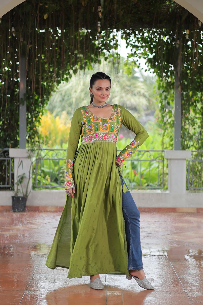 Pista Colour Navratri Special Rayon Kurti with Kutchi Gamthi Work – Adjustable Fit & Full Sleeves ClothsVilla