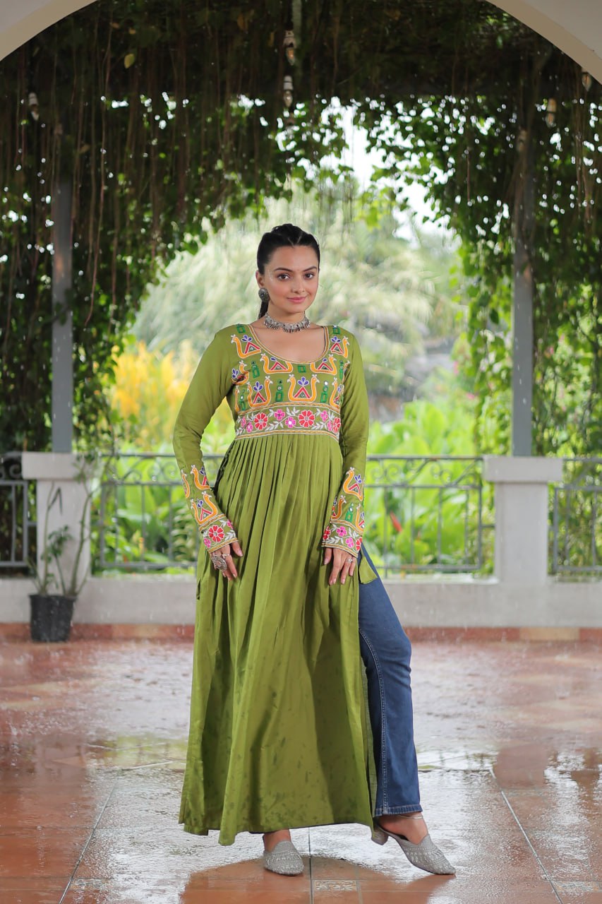 Pista Colour Navratri Special Rayon Kurti with Kutchi Gamthi Work – Adjustable Fit & Full Sleeves ClothsVilla