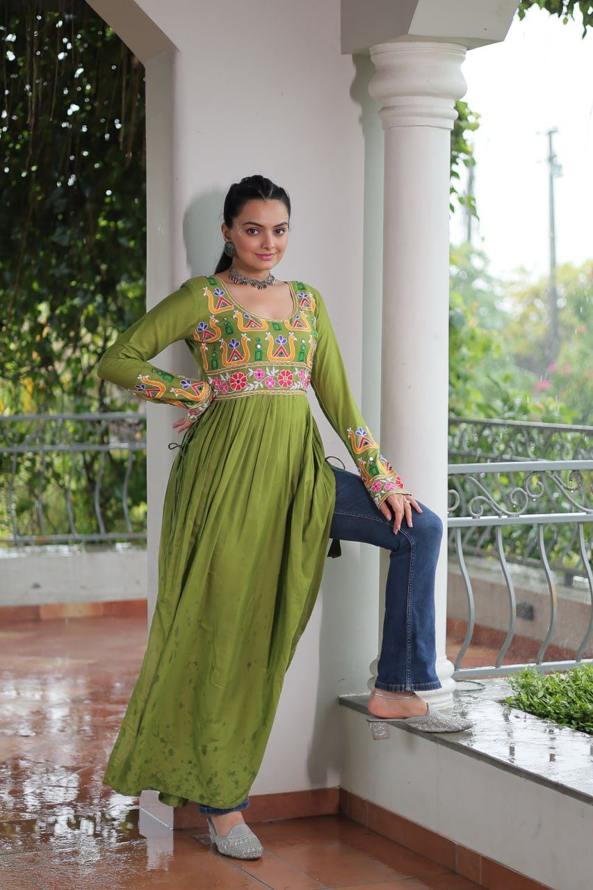 Pista Colour Navratri Special Rayon Kurti with Kutchi Gamthi Work – Adjustable Fit & Full Sleeves ClothsVilla
