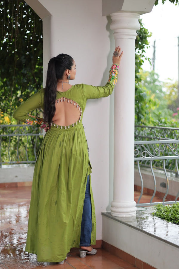 Pista Colour Navratri Special Rayon Kurti with Kutchi Gamthi Work – Adjustable Fit & Full Sleeves ClothsVilla